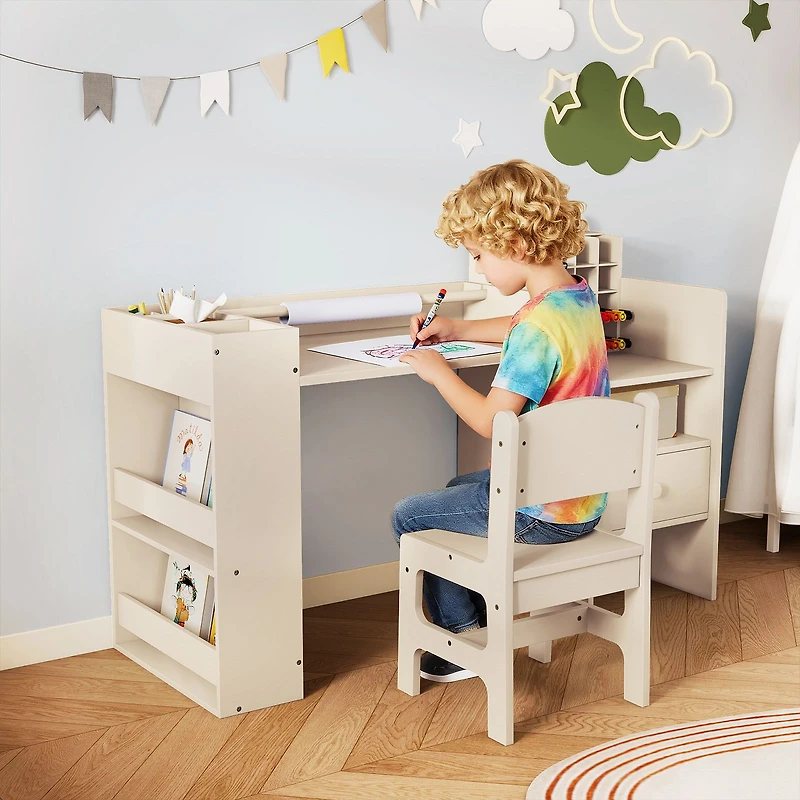 Kids Art Table and Chair Set, Detachable Paper Roll Holder and Cabinet - Natural