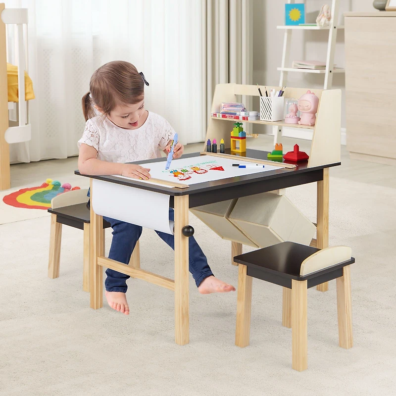 Kids Art Table and Chairs Set, Paper Roll and Storage Bins - Coffee