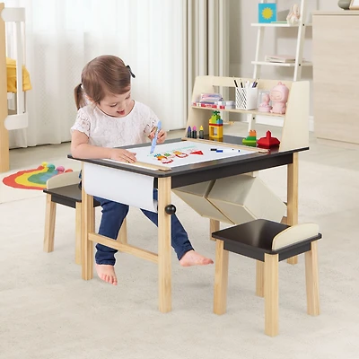 Kids Art Table and Chairs Set, Paper Roll and Storage Bins - Coffee