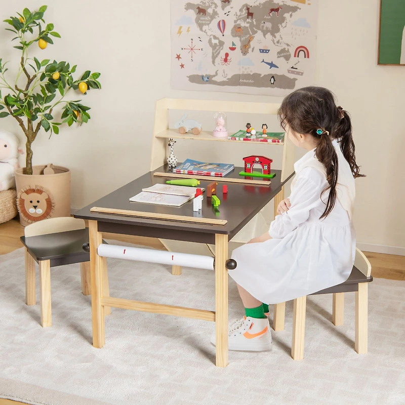 Ensemble de table et chaises d'art pour enfants, rouleau de papier et bacs de rangement - Couleur café