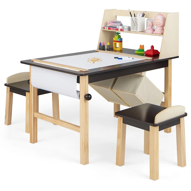 Kids Art Table and Chairs Set, Paper Roll and Storage Bins - Coffee