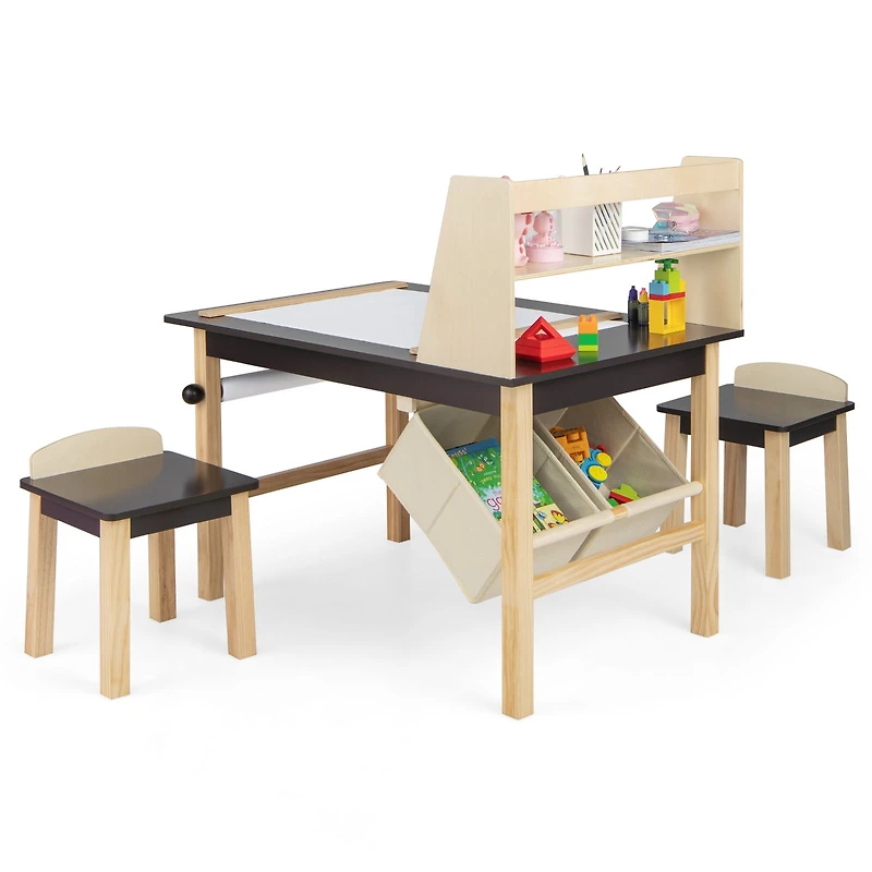 Kids Art Table and Chairs Set, Paper Roll and Storage Bins - Coffee