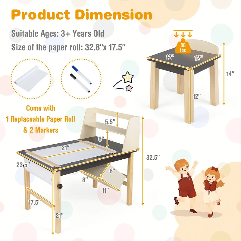 Kids Art Table and Chairs Set, Paper Roll and Storage Bins - Coffee