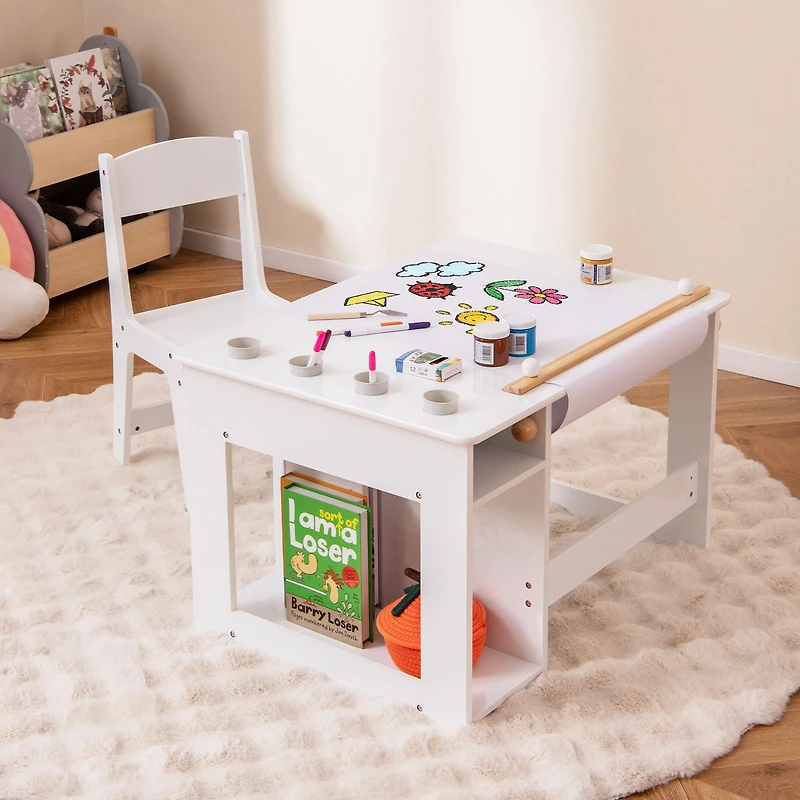 Kids Art Table and Chair Set Toddler Craft Drawing Desk - White