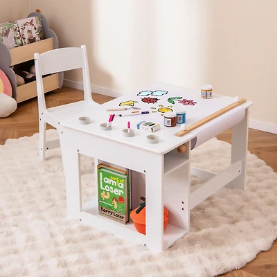 Kids Art Table and Chair Set Toddler Craft Drawing Desk - White