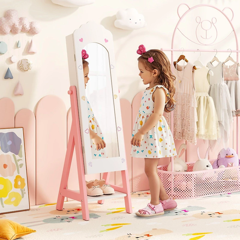 Kids Jewelry Organizer, Full Length Mirror Drawers and Storage Shelves - White