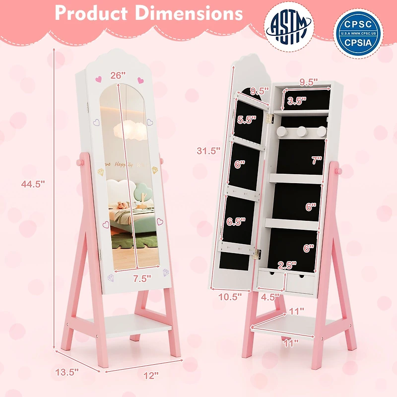 Kids Jewelry Organizer, Full Length Mirror Drawers and Storage Shelves - White