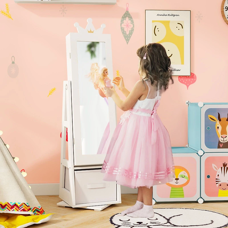 Kids Jewelry Armoire Cabinet, Large Storage Capacity and Swivel Base - White