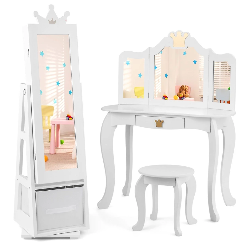 Kids Jewelry Armoire Cabinet, Large Storage Capacity and Swivel Base - White