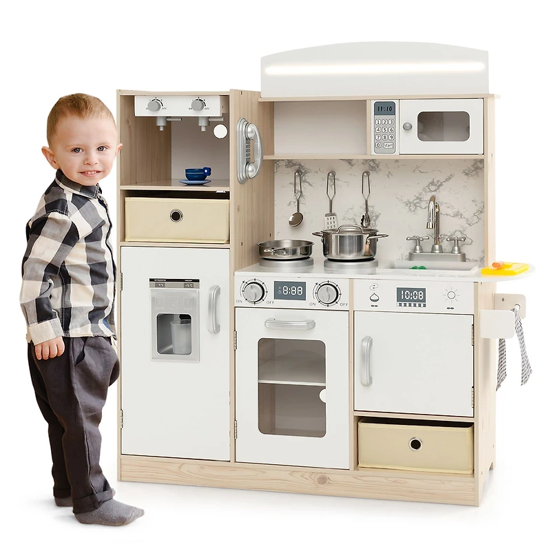 Kids Kitchen Playset, Adjustable LED Lights Removable Fabric Bins - White