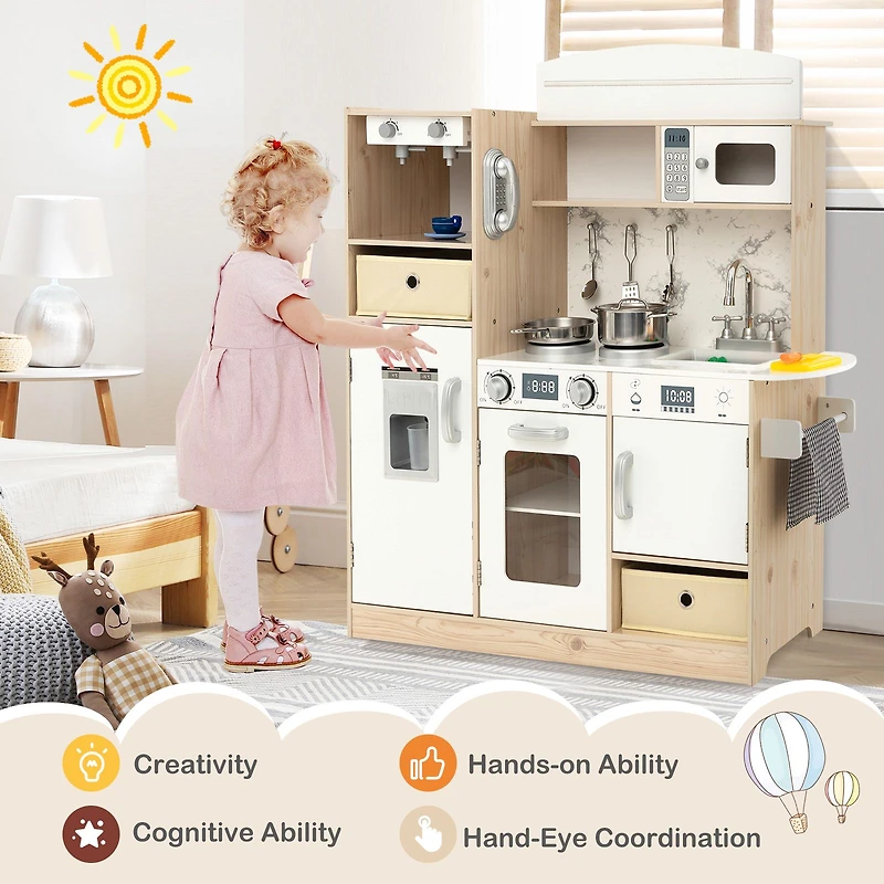 Kids Kitchen Playset, Adjustable LED Lights Removable Fabric Bins - White