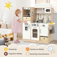 Kids Kitchen Playset, Adjustable LED Lights Removable Fabric Bins - White