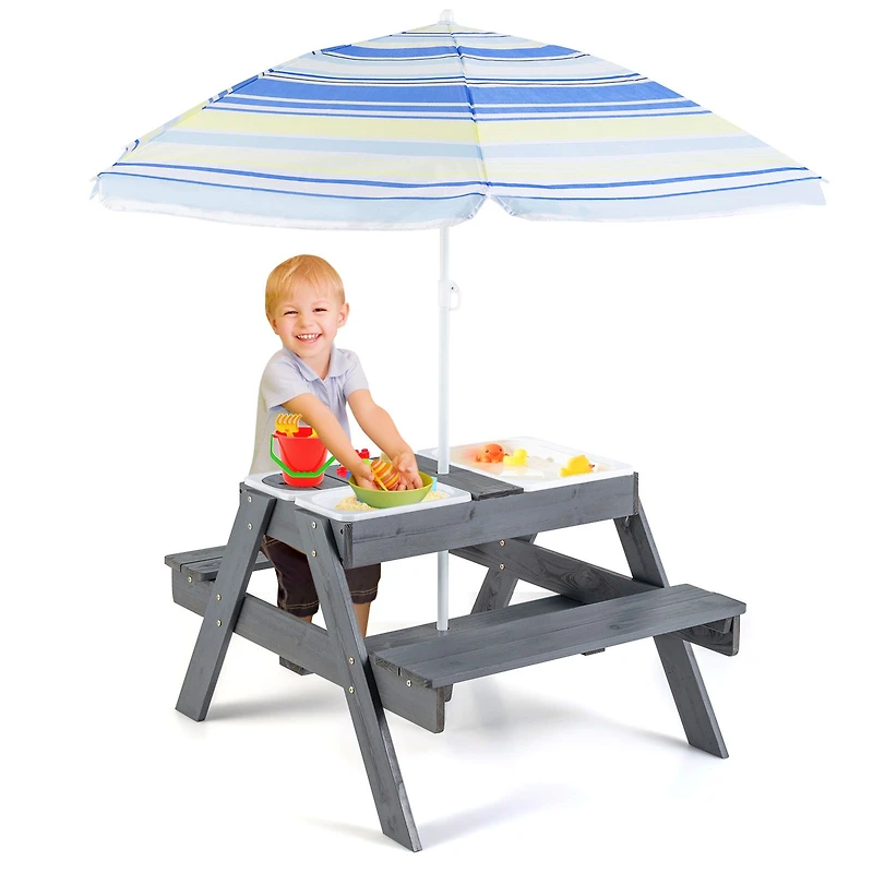 Kids Picnic Table Set, 3 Removable Bins - Gray