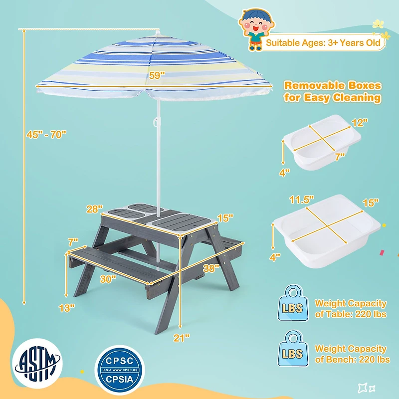 Kids Picnic Table Set, 3 Removable Bins - Gray