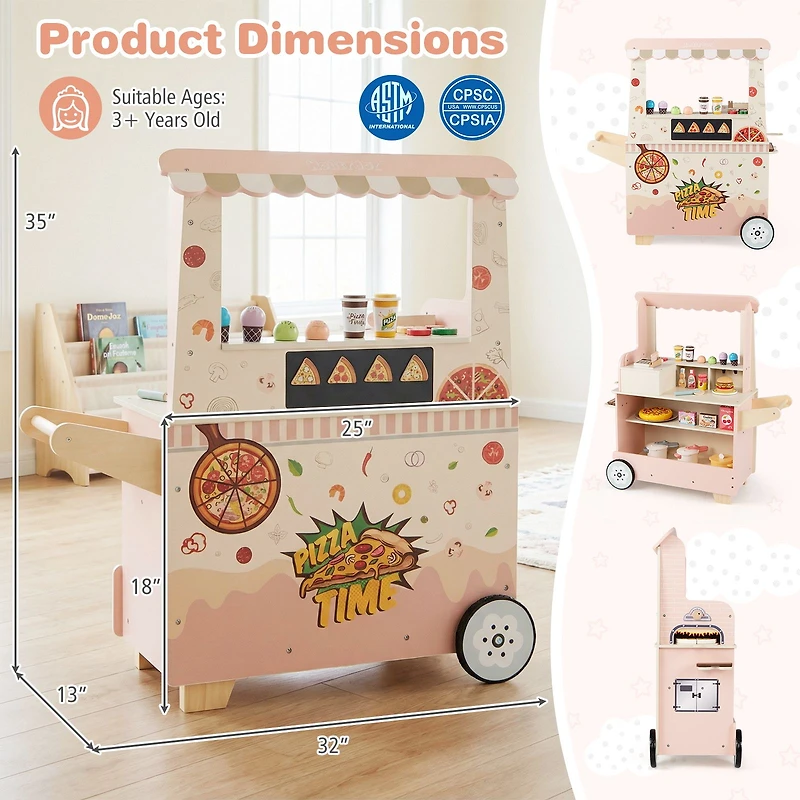 Kids Pizza Food Truck Wooden Pretend Play Snack Cart, Oven - Pink