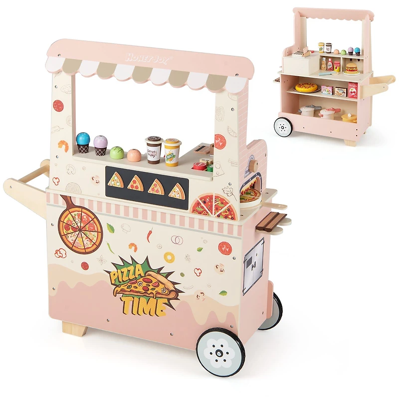 Kids Pizza Food Truck Wooden Pretend Play Snack Cart, Oven - Pink