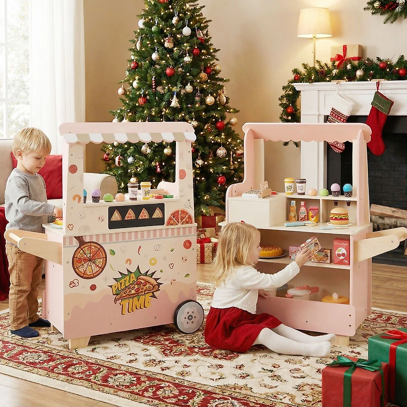 Kids Pizza Food Truck Wooden Pretend Play Snack Cart, Oven - Pink