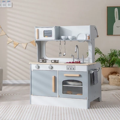 Double Sided Kids Pretend Kitchen Playset, 2-Seat Cafe - Gray