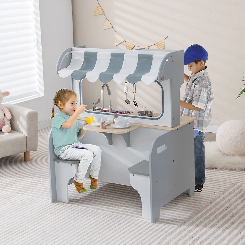Double Sided Kids Pretend Kitchen Playset, 2-Seat Cafe - Gray