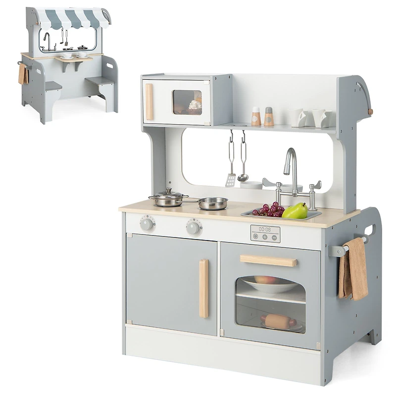 Double Sided Kids Pretend Kitchen Playset, 2-Seat Cafe - Gray