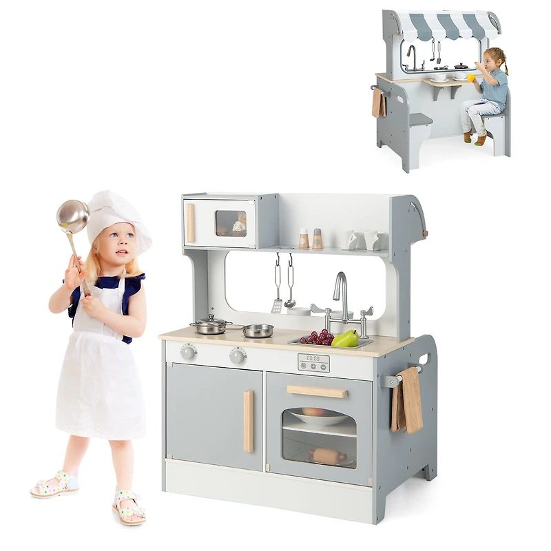 Double Sided Kids Pretend Kitchen Playset, 2-Seat Cafe - Gray