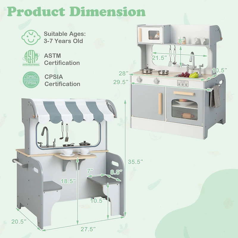 Double Sided Kids Pretend Kitchen Playset, 2-Seat Cafe - Gray