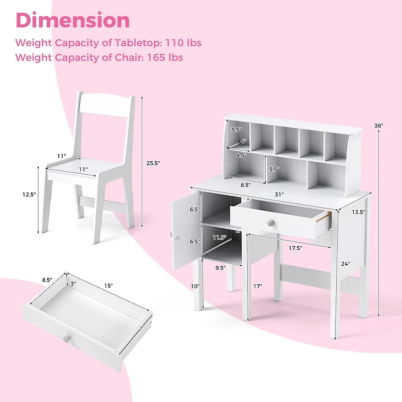 Kids Study Desk and Chair Set, Chair Hutch and Storage Cabinet for 3+ Years Old - White