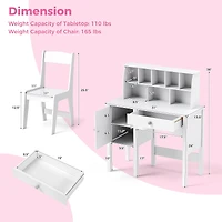 Kids Study Desk and Chair Set, Chair Hutch and Storage Cabinet for 3+ Years Old - White
