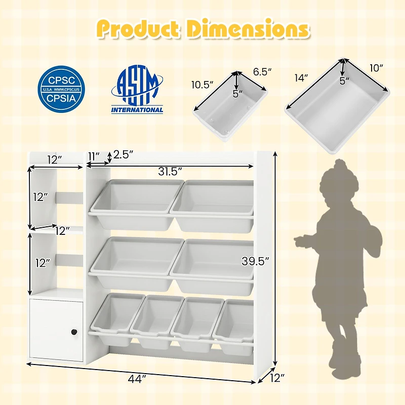Kids Toy Storage and Bookshelf, Open Shelves and Single-door Cabinet - White