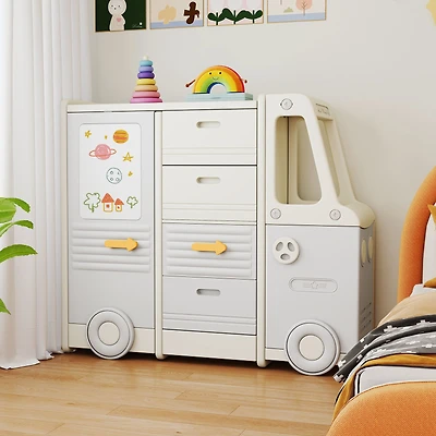 Meuble de rangement pour jouets en forme de bus, 4 tiroirs coulissants à poignées - Gris