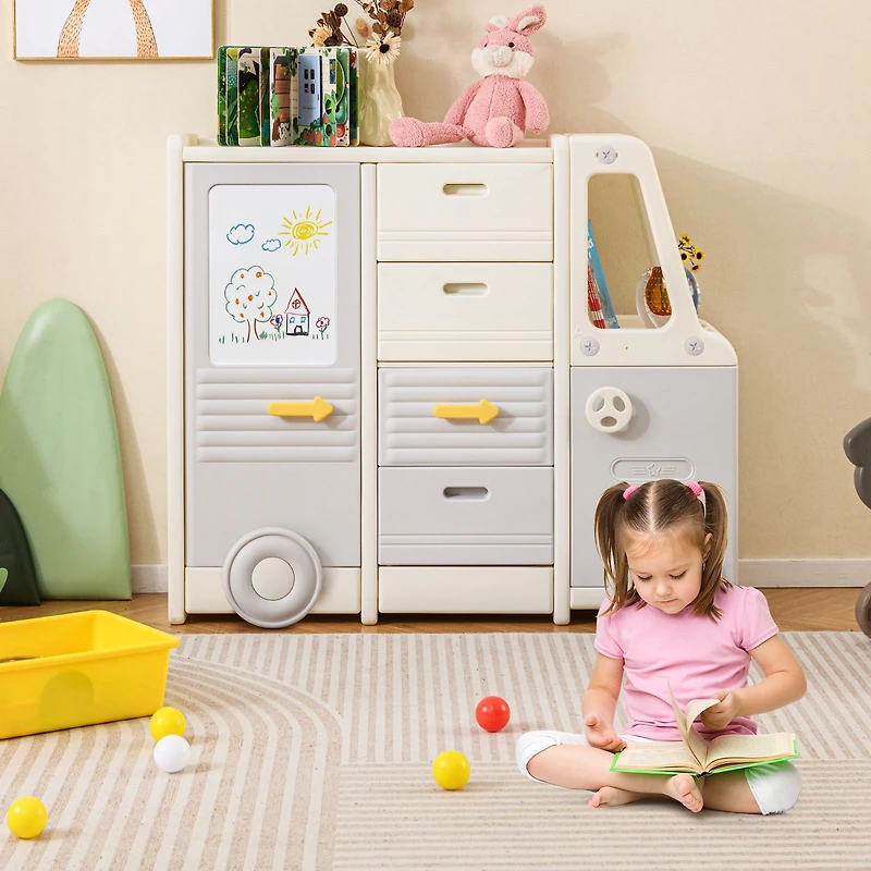 Meuble de rangement pour jouets en forme de bus, 4 tiroirs coulissants à poignées - Gris