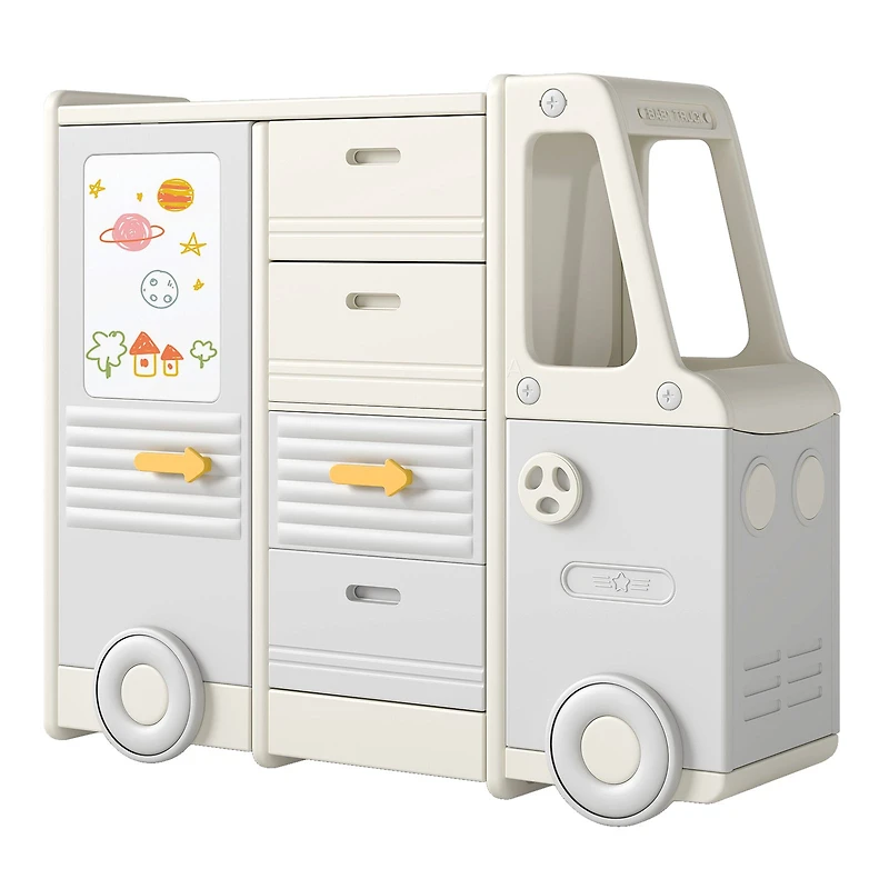 Kids Toy Storage Organizer Bus-shaped Children Cabinet, 4 Pull-out Drawers with Handles - Gray