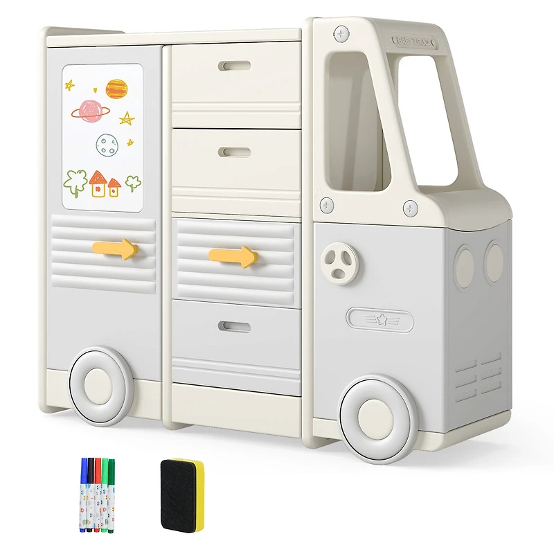 Kids Toy Storage Organizer Bus-shaped Children Cabinet, 4 Pull-out Drawers with Handles - Gray