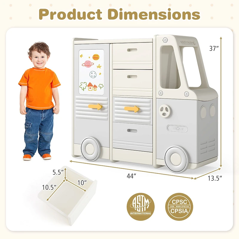 Kids Toy Storage Organizer Bus-shaped Children Cabinet, 4 Pull-out Drawers with Handles - Gray