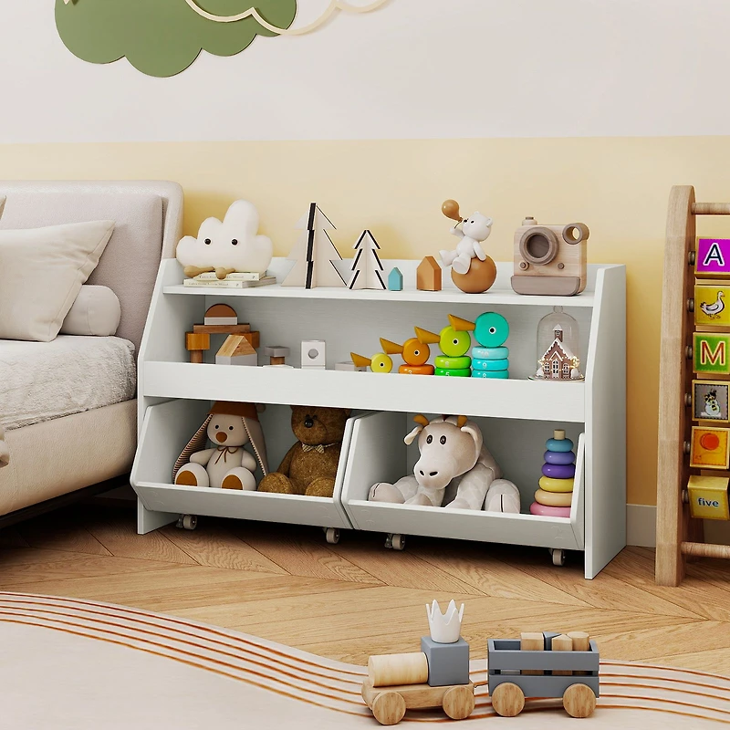 Kids Toy Storage Organizer Wooden Bookcase, 2 Movable Drawers - White