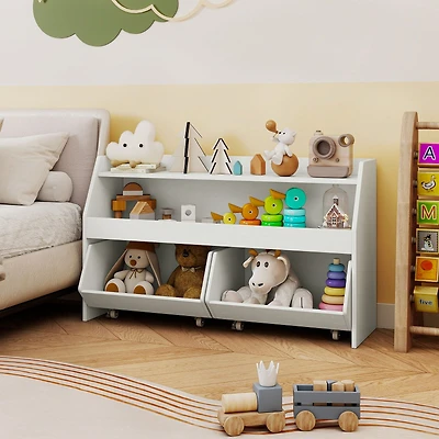 Kids Toy Storage Organizer Wooden Bookcase, 2 Movable Drawers - White