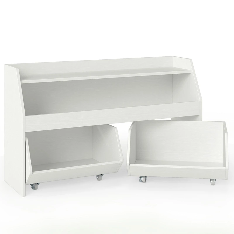Kids Toy Storage Organizer Wooden Bookcase, 2 Movable Drawers - White