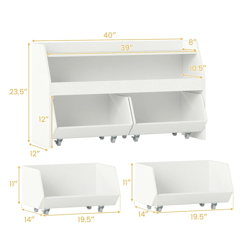 Kids Toy Storage Organizer Wooden Bookcase, 2 Movable Drawers - White