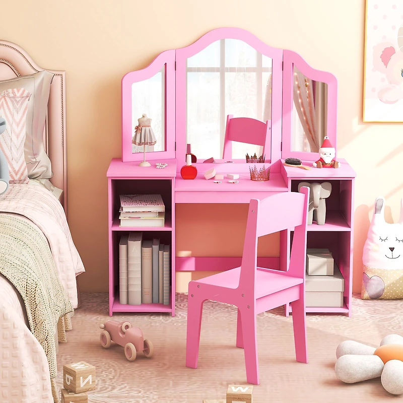 Kids Vanity Table and Chair Set, Removable Tri-Folding Mirror - Pink