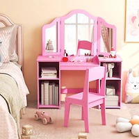 Kids Vanity Table and Chair Set, Removable Tri-Folding Mirror - Pink