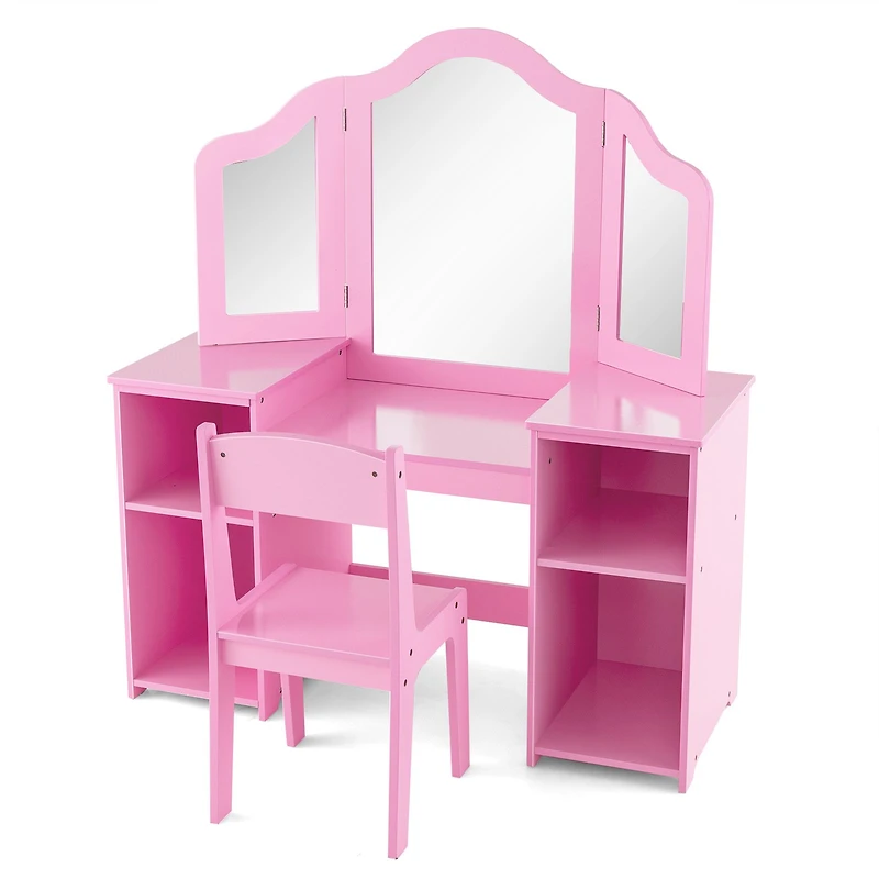 Kids Vanity Table and Chair Set, Removable Tri-Folding Mirror - Pink