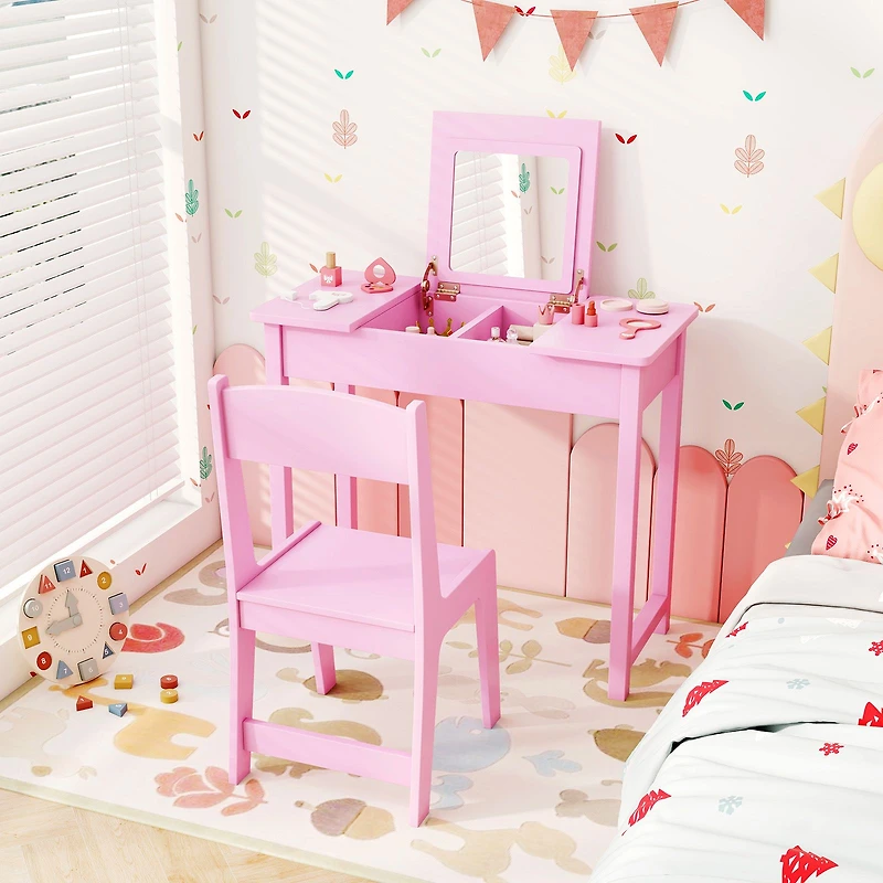 2-in-1 Kids Vanity Makeup Table and Chair Set, Flip Top Mirror