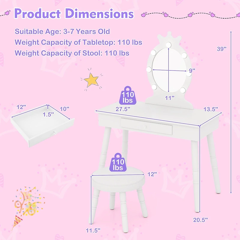 Ensemble de coiffeuse pour enfants, miroir éclairé à luminosité réglable et grand tiroir