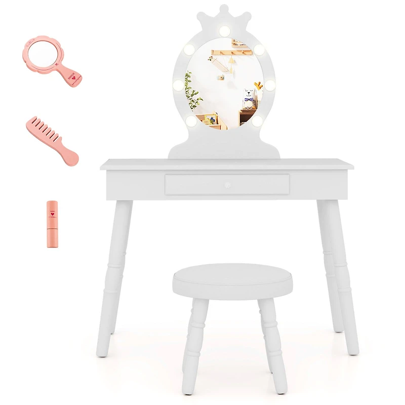 Kids Vanity Set, Lighted Mirror with Adjustable Brightness and Large Drawer