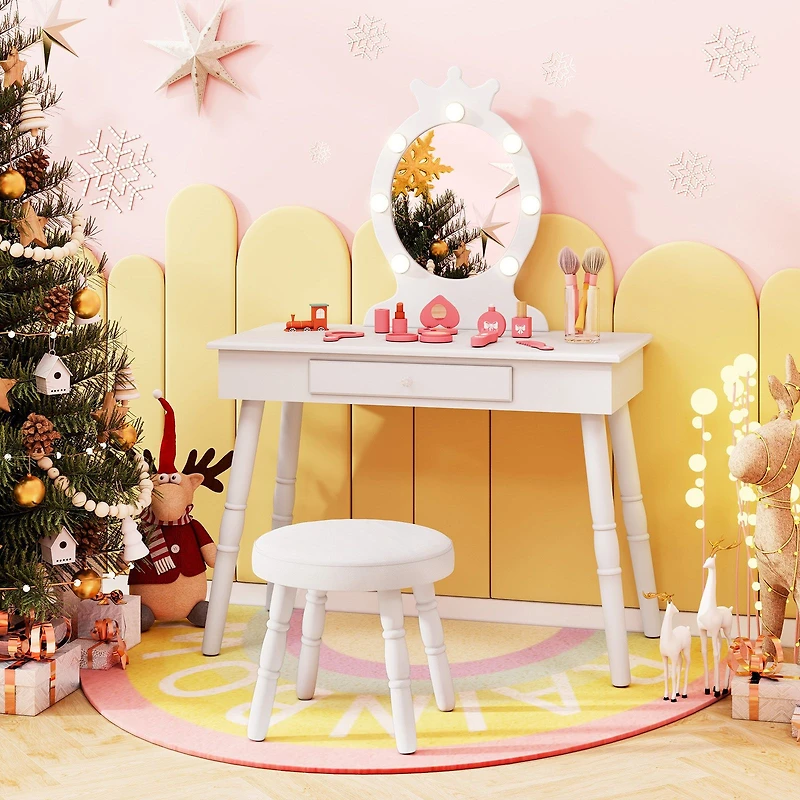 Ensemble de coiffeuse pour enfants, miroir éclairé à luminosité réglable et grand tiroir