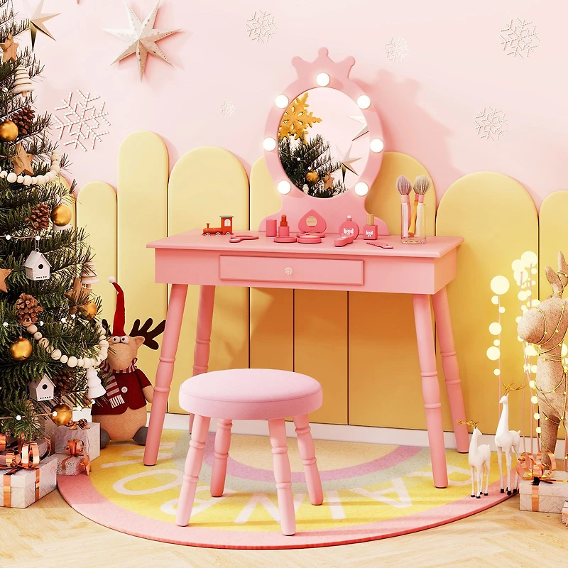 Ensemble de coiffeuse pour enfants, miroir éclairé à luminosité réglable et grand tiroir