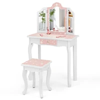 Princess Pretend Play Makeup Table and Stool Set, Tri-folding Mirror - Pink