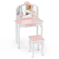Princess Pretend Play Makeup Table and Stool Set, Tri-folding Mirror - Pink