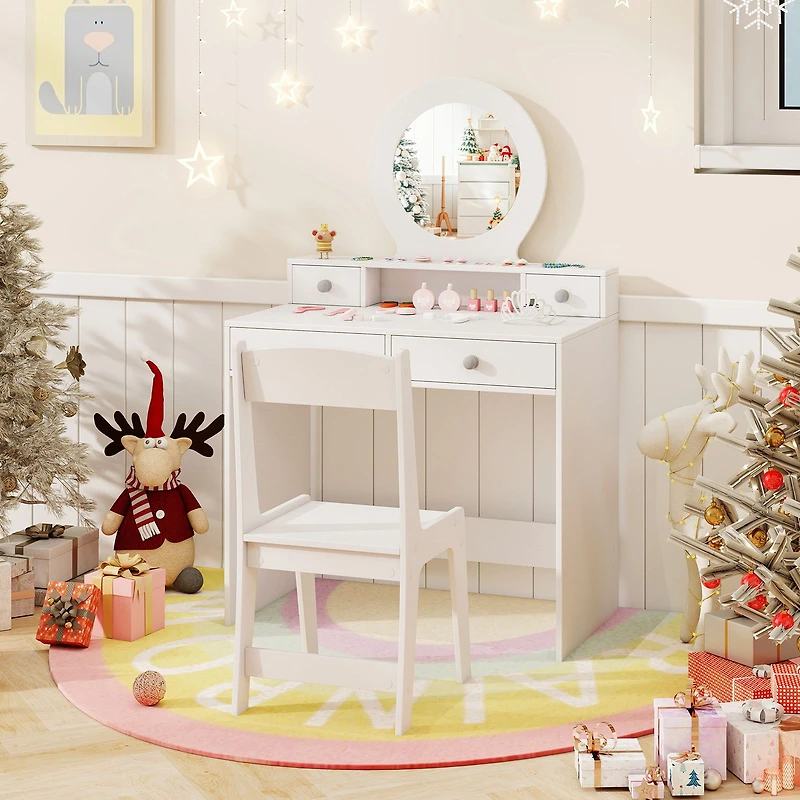 Kids Vanity Set, Mirror Princess Makeup Dressing Desk and Chair Set with Mirror - White