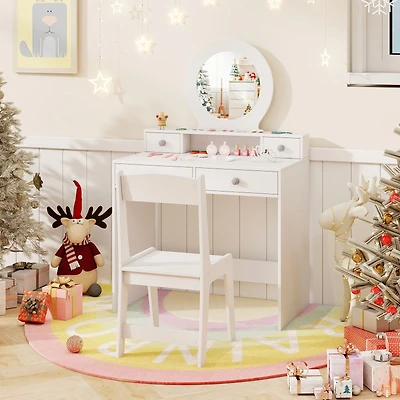 Kids Vanity Set, Mirror Princess Makeup Dressing Desk and Chair Set with Mirror - White
